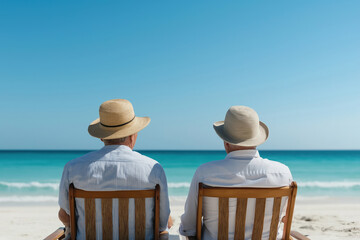 Seniors relaxing by the beach, enjoying the view and companionship under the sun
