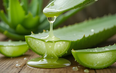 Aloe gel dropping from fresh aloe vera leaf cut. Aloe Vera plant at the background.