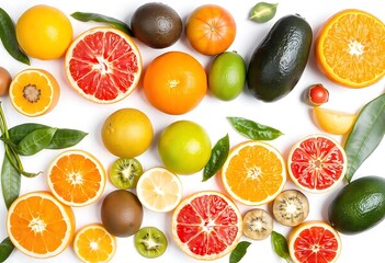 Assortment of winter fruits such as avocado tangerines kiwi lemon oranges and persimmons in a fruit isolated on white background