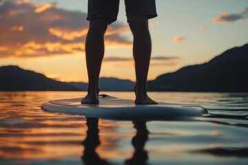 Man paddleboarding sunset lake mountains