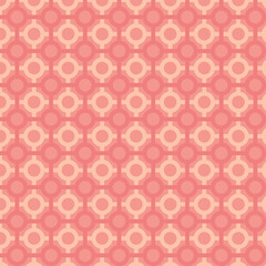 Seamless coral geometric pattern with circular shapes and hexagonal motifs for backgrounds, textiles, wallpapers, and decorations.