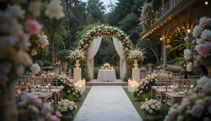 Obraz premium Romantic outdoor wedding ceremony setup with floral arch white aisle and elegant decor in garden setting