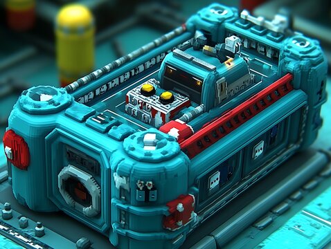 Futuristic teal voxel robot device.