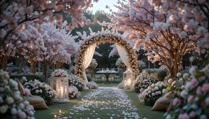 Obraz premium Enchanting outdoor wedding venue with floral arch and blossom trees creating a romantic ambiance for special day