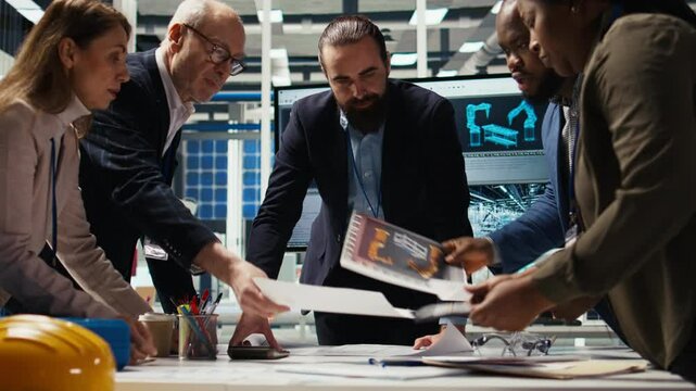 Industrial plant managers and investors analyze technical production data on paperwork documents. Factory management checking manufacturing automation advancements documentation, camera A