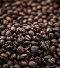 Obraz premium Dark roasted coffee beans close-up, rich aroma, close-up, energy