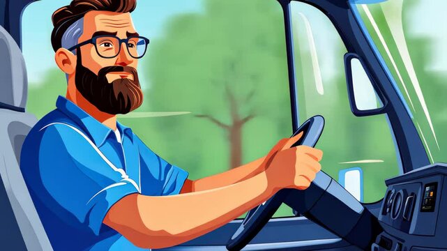 A bold truck driver grips the wheel, showcasing confidence and expertise in this vibrant cartoonstyle illustration.