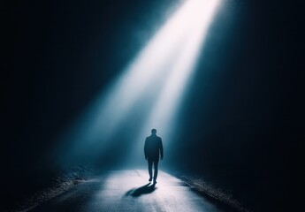 Man walks road, light beam, dark night, hope concept