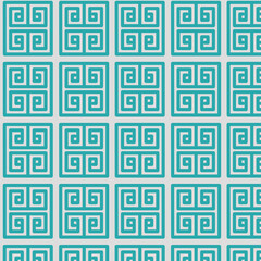 Geometric pattern of teal Greek meander design on white background. Repeating square print for fabric, wallpaper, tile, card, decoration, and artistic applications.