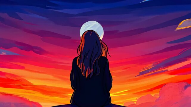 A romantic anime girl gazes longingly at a vibrant red sunset, capturing the beauty of love and melancholy.