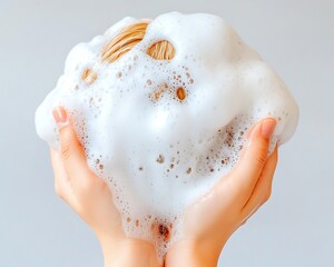 Hands Washing Blonde Hair for Lather, Foam.