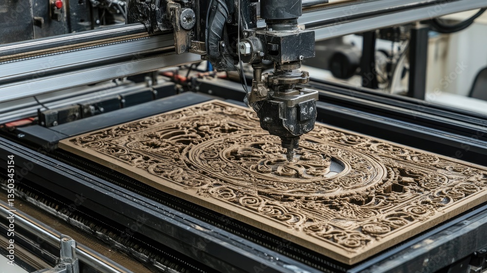 Poster a high-speed ceramic tile printing machine adding intricate decorative patterns.