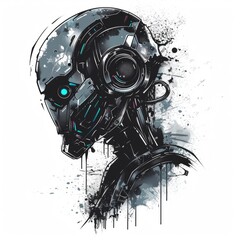 T-shirt design of a cyberpunk android, metallic, sleek, robotic, with a glowing core. Suitable for t-shirt or sticker ready to print