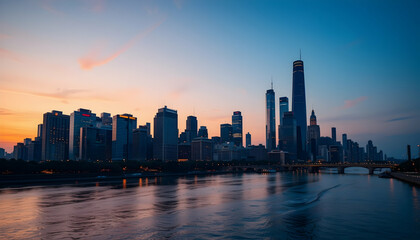 Fototapeta premium Urban Skyline at Sunset Dramatic Cityscape with River Reflection and Vibrant Colorful Sky Modern Architecture