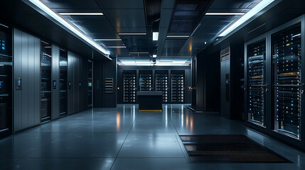 Modern Data Center: Advanced Technology and Secure Digital Infrastructure with High-Tech Server Racks and Climate Control for Optimal Computing Power