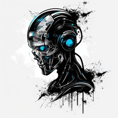 Obraz premium T-shirt design of a cyberpunk android, metallic, sleek, robotic, with a glowing core. Suitable for t-shirt or sticker ready to print