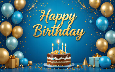 Blue and golden happy birthday cake invitation card banner background with balloons, candle, and gift box - perfect for celebrations, party invitations, and festive event designs