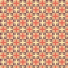 Fototapeta premium Geometric pattern seamless design, intricate square and diamond shapes in peach, cream, and maroon. Elegant texture for backgrounds, wallpapers, textiles, packaging, and print materials.