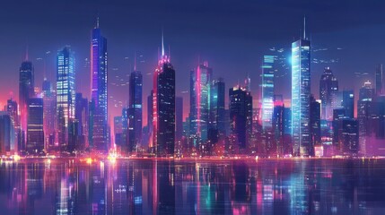 Obraz premium Night city skyline reflected in water, vibrant neon lights, digital art, urban landscape, stock photo