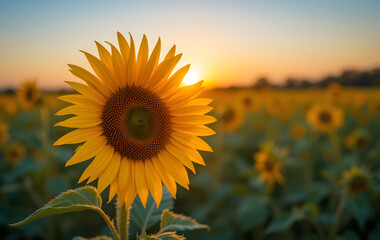 Obraz premium Sunflower in field at sunset with blurred background, close-up of blooming flower in warm golden sunlight with copy space