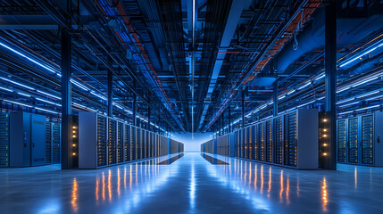 Fototapeta premium High-Tech Server Room with Blue Lighting: Modern Data Center Technology and Digital Infrastructure