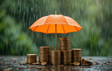Orange umbrella protects coin stacks from rain, financial protection. Investment security, wealth, economy stability. Safety planning for retirement in future. Growth asset, prosperity insurance 