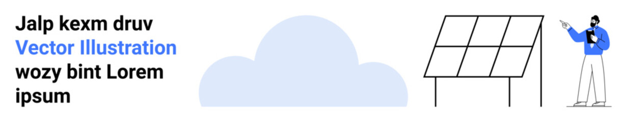 Professional explaining solar panel functionality under a light blue cloud. Ideal for renewable energy, sustainable development, eco-friendly solutions, education, technology, innovation, simple