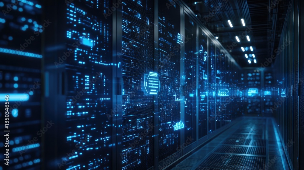 Poster a high-tech data server with floating words and ai-powered text recognition symbols.
