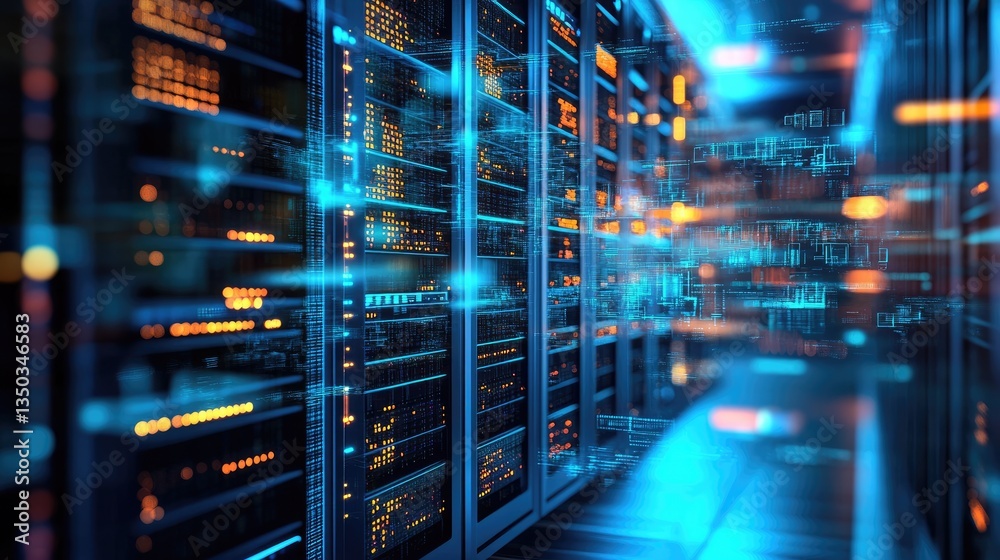 Aufkleber a high-tech data server with floating words and ai-powered text recognition symbols.