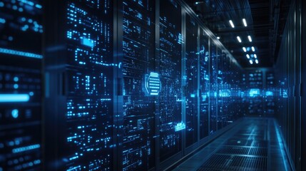 Fototapeta premium A high-tech data server with floating words and AI-powered text recognition symbols.