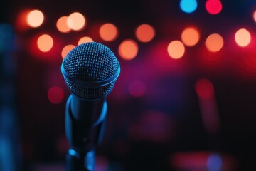 Microphone on stage, concert lights, music performance, entertainment event