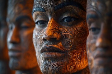 Ancestral Echoes: Captivating perspective on traditional Maori art. Wooden Carvings Showcase Intricate Cultural Heritage and story.