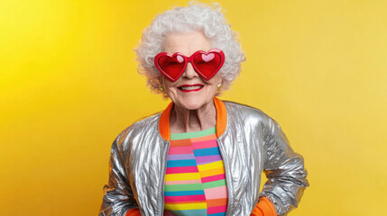 Cheerful older woman in heart-shaped shades and metallic bomber jacket