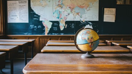 A history classroom with a timeline chart, historical artifacts, and a vintage globe.