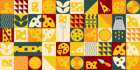 Seamless geometric cheese pattern in modern flat design. Perfect for food packaging, restaurant branding, textile, and digital backgrounds.