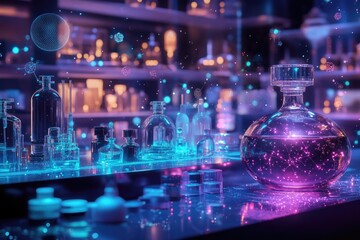 A futuristic laboratory scene with glowing glass containers and vibrant particles
