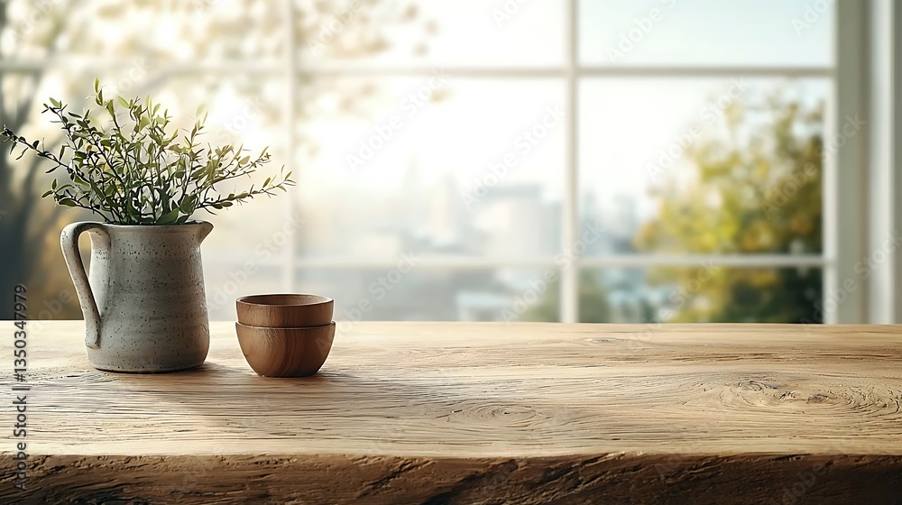 Poster Rustic wooden table with window view