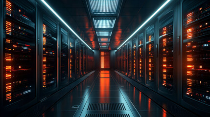 Advanced Data Center Server Room with Neon Lights: High-Tech Virtualization & Cyber Security in Modern IT Infrastructure