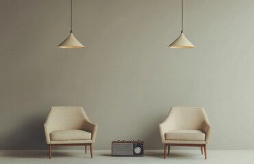 Mid-century modern living room, two armchairs, vintage radio, calm background, interior design