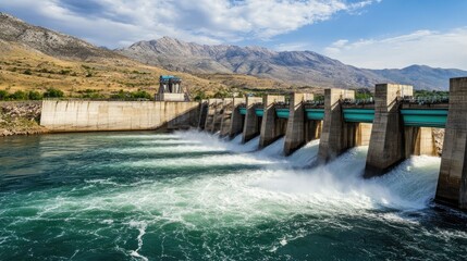 A hydroelectric dam releasing water, showcasing sustainable energy production.