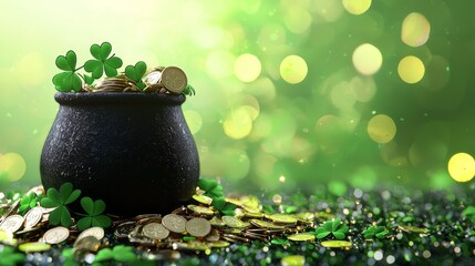 Classic black pot filled with sparkling coins, scattered shamrock leaves over a glowing green backdrop, digital St. Patrick's Day fantasy