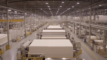 Obraz premium A large-scale paper factory with industrial machines producing thousands of sheets per hour.