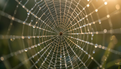 Obraz premium Dewdrop Covered Spiderweb in Golden Sunlight Nature Photography Background Ecology Image Web Insect