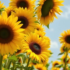 Fototapeta premium Vibrant yellow sunflowers fill the frame, creating a sunny, cheerful backdrop, sunshine, field, sunflower field