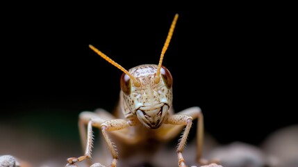 Fototapeta premium Close-up of a grasshopper. Detailed view of its head, antennae, and body