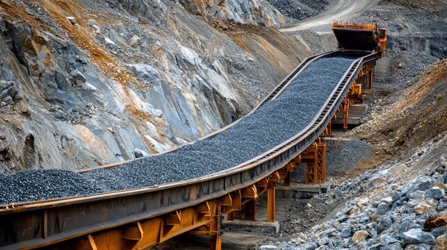 A massive conveyor belt transporting crushed ore in a mineral processing plant.