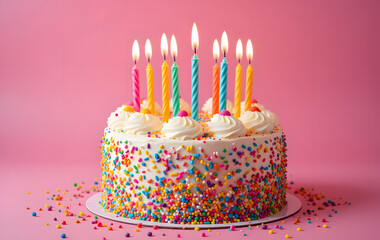 Colorful birthday cake decorated with sprinkles, whipped frosting, and lit candles on a pink background, creating a cheerful and festive celebration scene