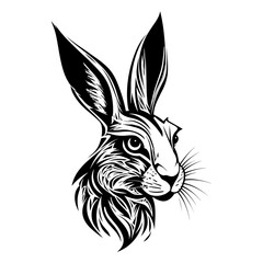 A sleek and detailed silhouette of a hare's head, featuring its long ears, alert expression, and distinctive profile. Ideal for wildlife illustrations, nature-themed designs, animal logos