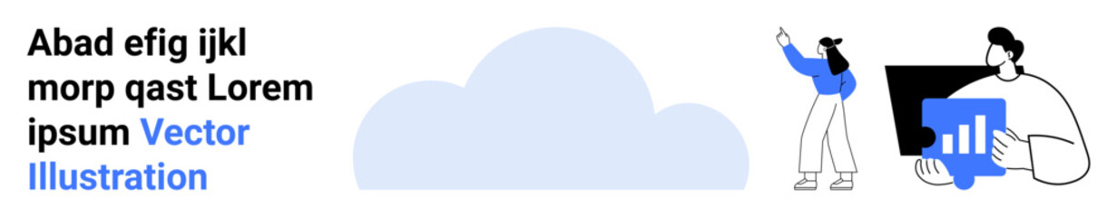 Professional analyzing data with charts on a tablet and colleague pointing towards a cloud. Ideal for technology, cloud storage, teamwork, strategy, education, data analysis, simple landing page