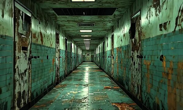 Dark, Abandoned Hallway in an Old, Decaying Facility with Rusty Walls and Dim Lighting Evoking a Sense of Foreboding and Isolation
